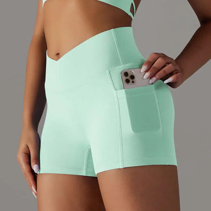 Cream High Waisted Phone Pocket Design Fitness Shorts