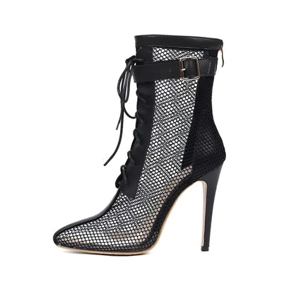 Cream Mesh Lace Up Large Size Stiletto High Heel Boots