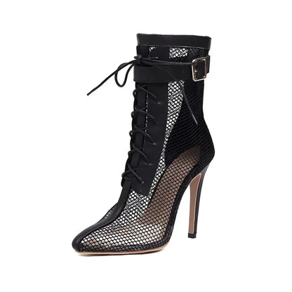 Cream Mesh Lace Up Large Size Stiletto High Heel Boots
