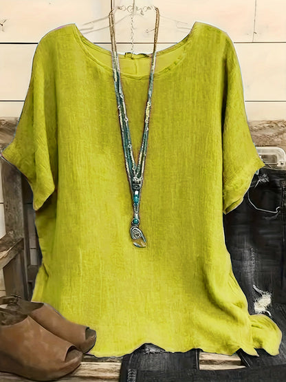 Women Fashion Casual Shirts Solid Color 3 4 Sleeve Round Neck Blouses Summer Loose Tops Streetwear