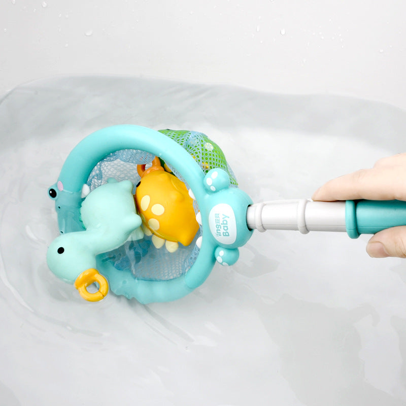 Juguete de baño de dinosaurio para pescar, juguete de pesca que puede rociar agua, red de pesca con sonido al apretar