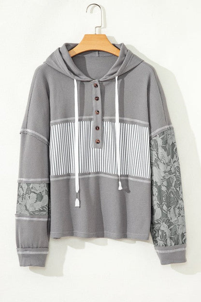 Stripe Waffle Patchwork Hooded Long Sleeve Top