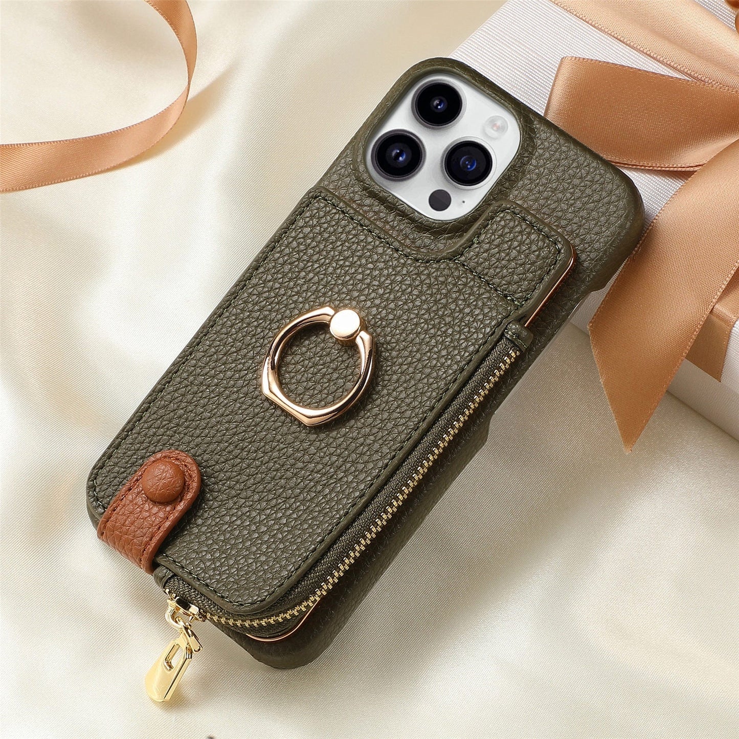 Ring Bracket Zipper Card Holder iPhone Case – Embossed Faux Leather | iPhone X–16