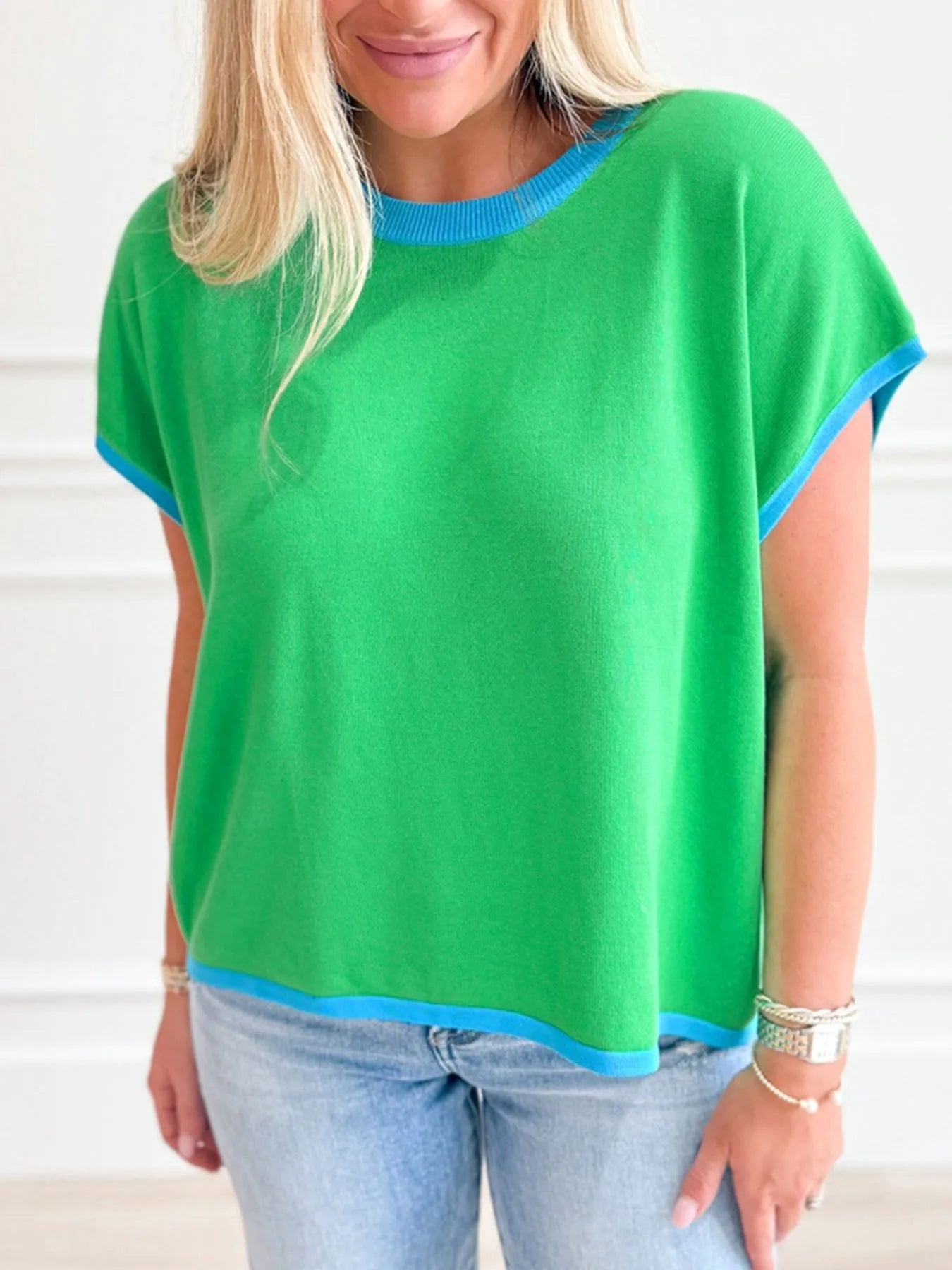 Contrast Trim Short Sleeve Sweater