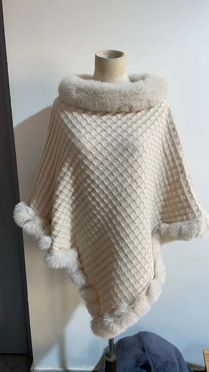 New Luxury Rabbit Fur Collar Shawl Cape for women Elegant Autumn Winter Fashion