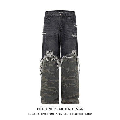 Men's American High Street Stitched Camouflage Wide Leg Jeans