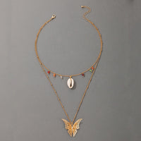 Simple Retro Ethnic Butterfly Shell Color Beads 2 Layer Necklace