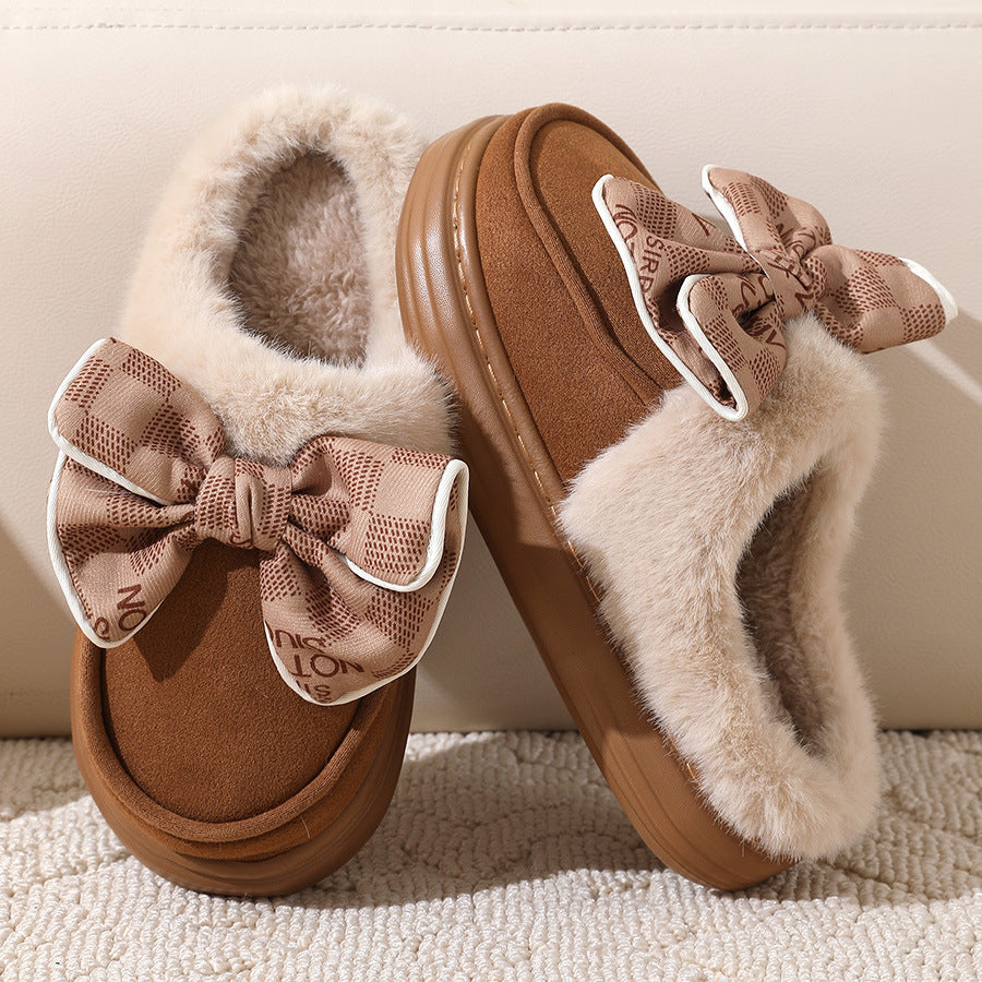 Lindas zapatillas de felpa con nudo de lazo para invierno, cálidas, para interiores, dormitorio, para mujer, a la moda, de suela gruesa, para casa