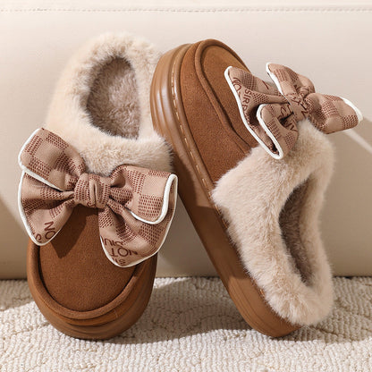 Lindas zapatillas de felpa con nudo de lazo para invierno, cálidas, para interiores, dormitorio, para mujer, a la moda, de suela gruesa, para casa