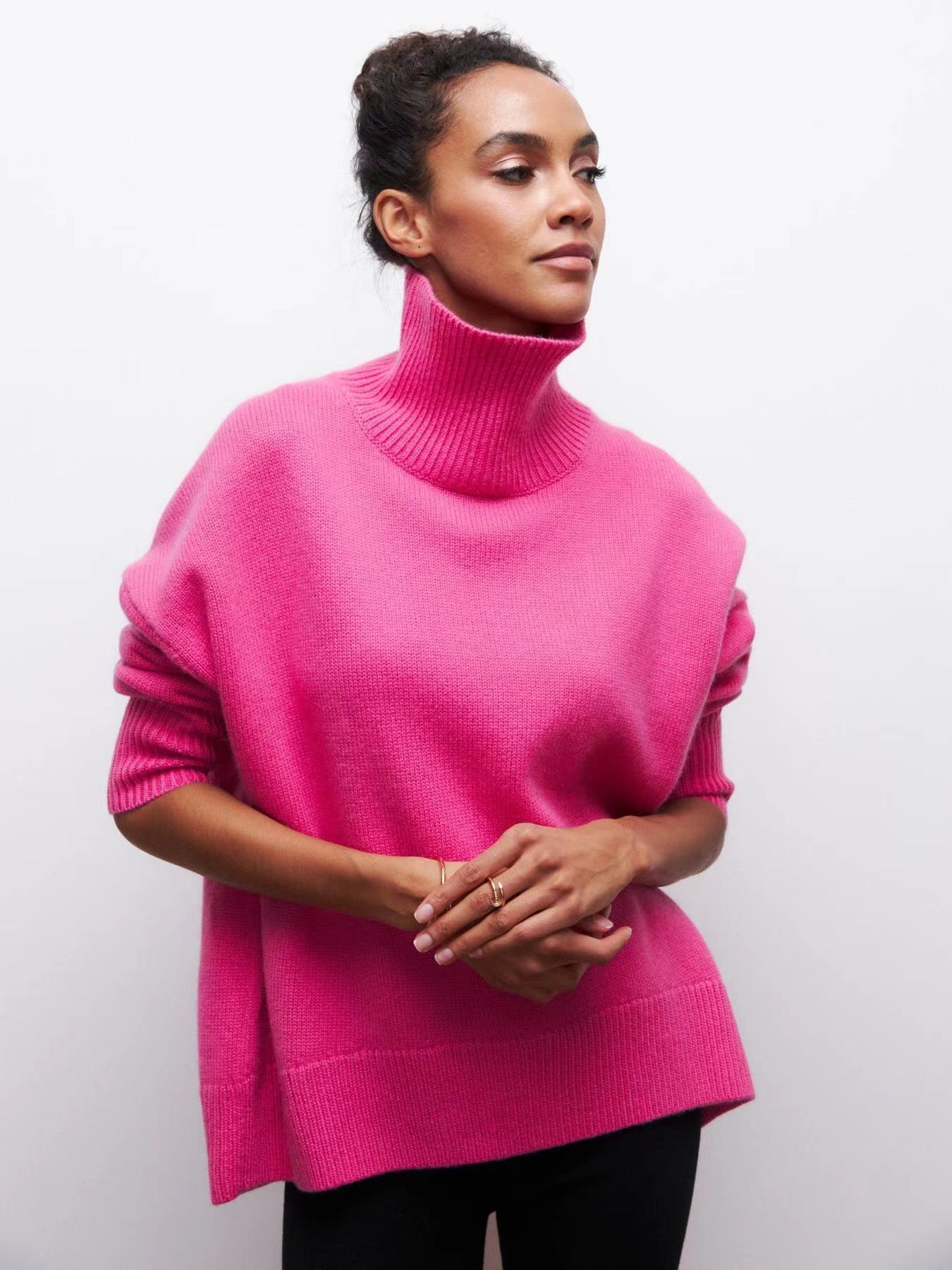Pull en maille oversize rose vif à col roulé | Pull de fête fuchsia à col montant pour femme