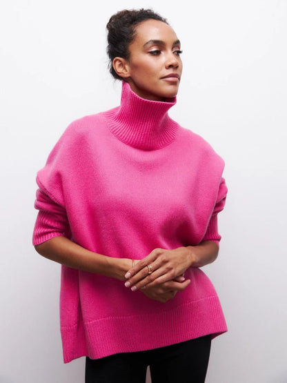 Pull en maille oversize rose vif à col roulé | Pull de fête fuchsia à col montant pour femme