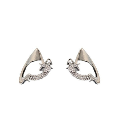 Silver Elven Ear Cuff Earrings | Shooting Star Crawler Studs with Pave Zirconia | Gothic Fairy Wing Jewelry | Celestial Wrap Studs for Women