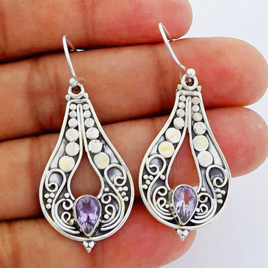 Boucles d'oreilles femme argent gemme violette sculptée