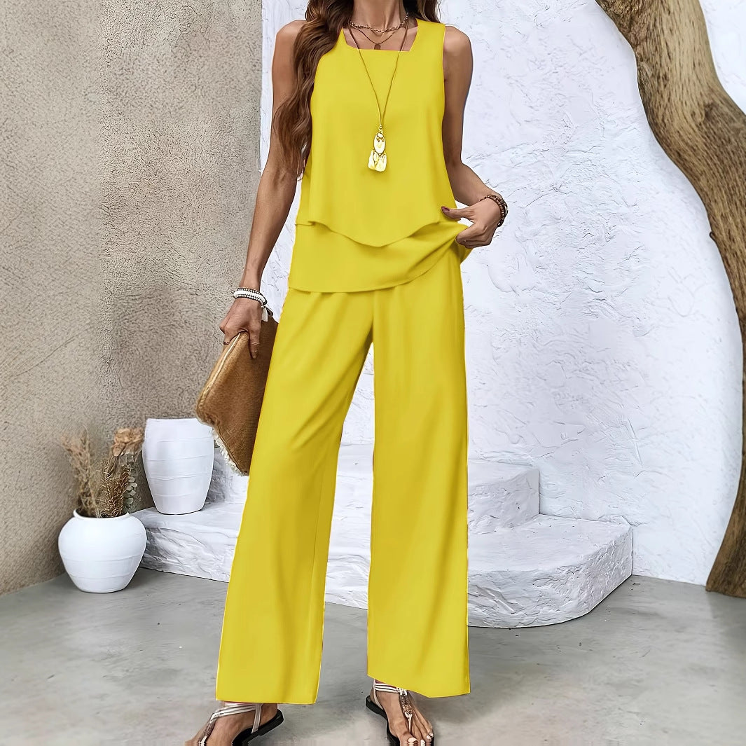 Women's Solid Color Square Neck Sleeveless Casual Top Paired With Straight Leg Pants Set