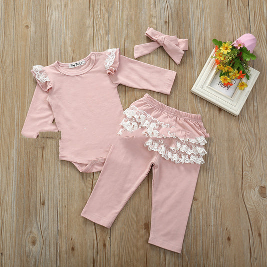 Conjunto de pantalón largo y arnés con encaje de algodón de manga larga para bebés y niños pequeños