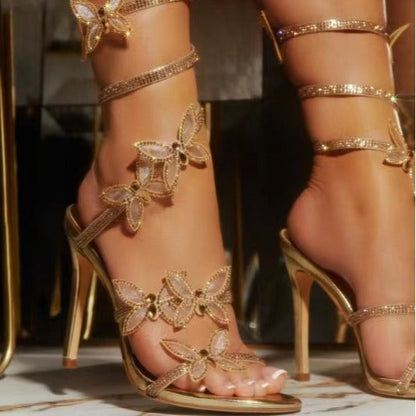 Sexy Fashion Rhinestone Shiny Butterfly Stiletto Heel Stiletto Strap Winding Sandals