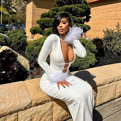 New sexy White Autumn U bust line Hollow Feather sleeves Long Dress for women