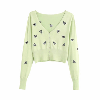 Women Fashion Butterfly Embroidery Cropped Knitted Blouses Vintage