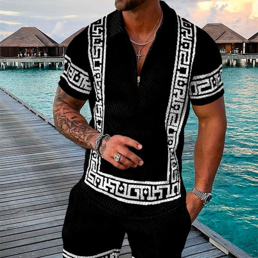 Conjunto de camisa de manga corta con cremallera y solapa, con estampado geométrico 3D, para hombre, estilo veraniego