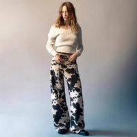 Womens Retro Washed Denim Jeans With Cow Print
