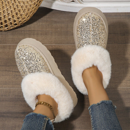 Zapatos de felpa con lentejuelas y suela gruesa a la moda, zapatillas cálidas informales de invierno para interior y exterior, zapatos de jardín para mujer