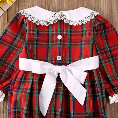 Round Neck Lace Long Sleeve Western Style Plaid Dress