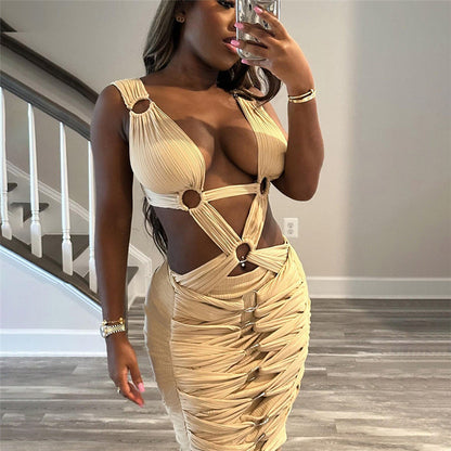 Vestido Tubo Ajustado de Cintura Alta con Cordones, Rasgado y Calado, Sexy, de Chica Caliente, Estilo Europeo y Americano