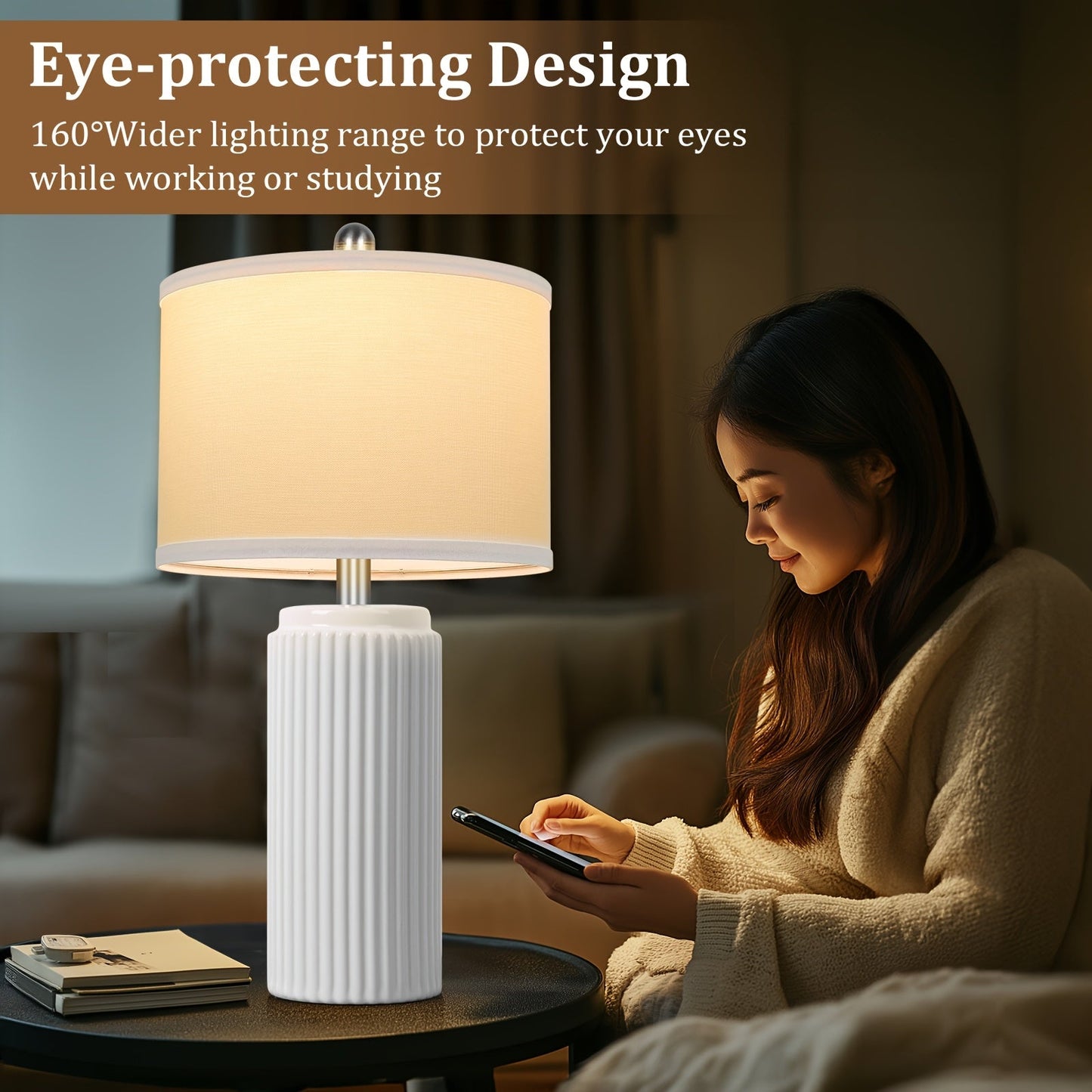 Farmhouse Table Lamps Set of 2 – Ceramic Base Bedside Lamps for Bedroom & Living