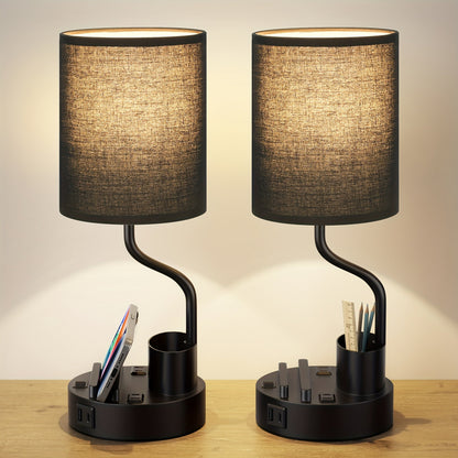 Set of 2 Bedside Lamps – USB-C+USB-A & Outlet, 3-Color Modern Nightstand Lights