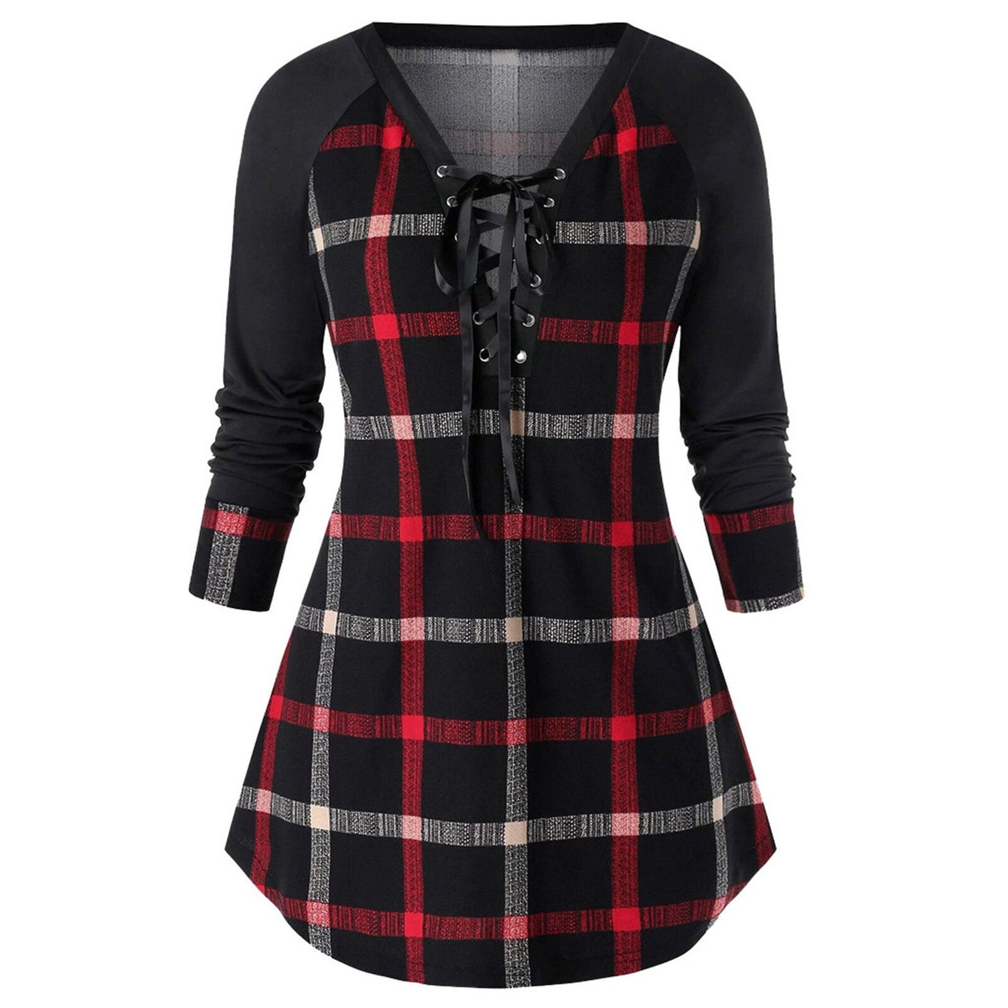 Nouvelle Robe Longue à Carreaux Imprimée Manches Longues Grande Taille Rouge Vin Mignonne Printemps et Automne pour Jeune Adulte