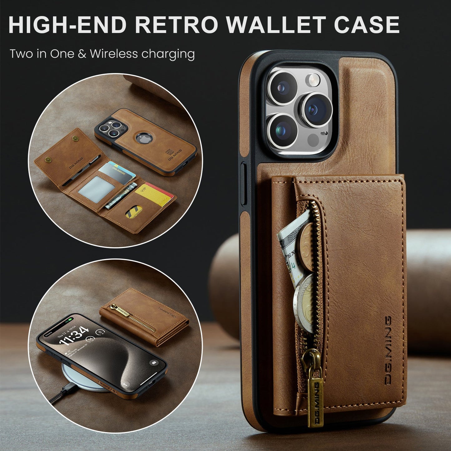 DG.MING M5 Wireless Charging Magnetic Card Holder iPhone Case – PU Leather | iPhone 11–15