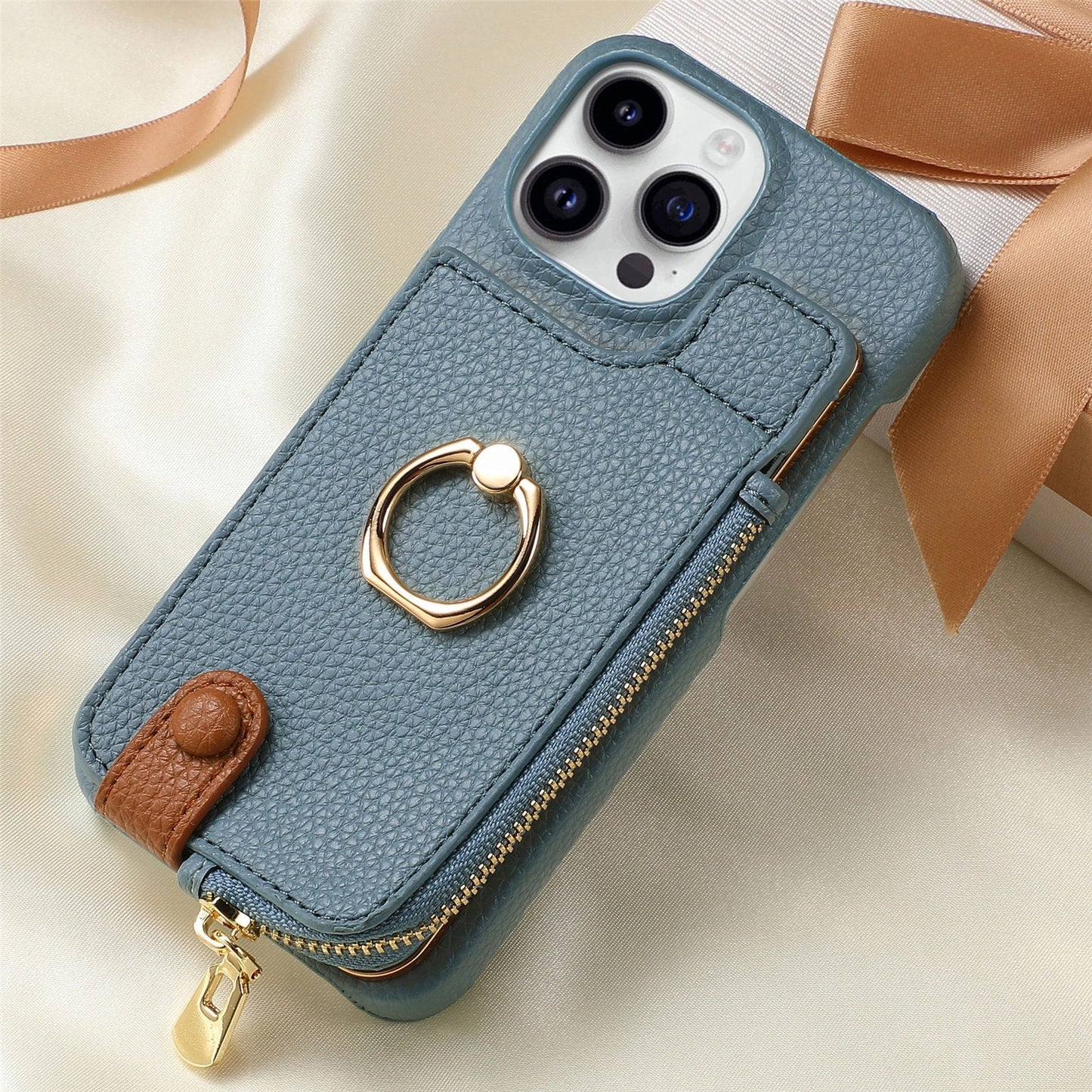 Ring Bracket Zipper Card Holder iPhone Case – Embossed Faux Leather | iPhone X–16