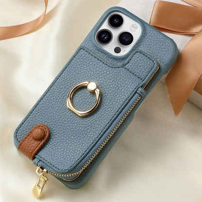 Ring Bracket Zipper Card Holder iPhone Case – Embossed Faux Leather | iPhone X–16