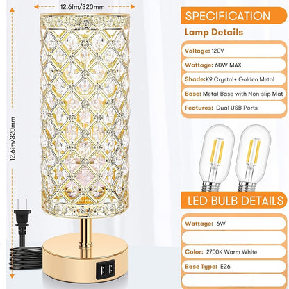 Set of 2 Crystal Table Lamps – Touch Control USB Bedside Lights, 3-Way Dimmable