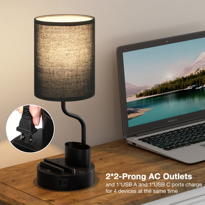 Set of 2 Bedside Lamps – USB-C+USB-A & Outlet, 3-Color Modern Nightstand Lights