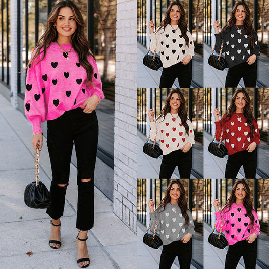Nuevo Suéter de Punto para Mujer de Talla Grande con Cuello Redondo y Corazones para San Valentín