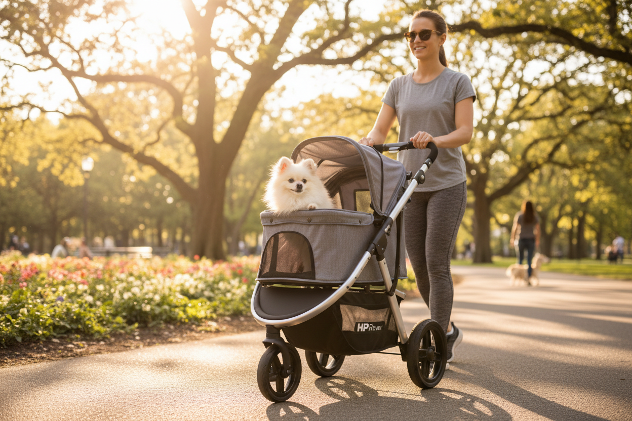 Dog in HPZ stroller at park