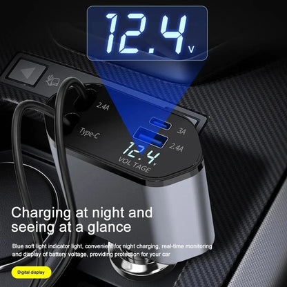 Chargeur de voiture 120 W avec câble rétractable USB et USB-C, adaptateur de charge rapide pour voiture