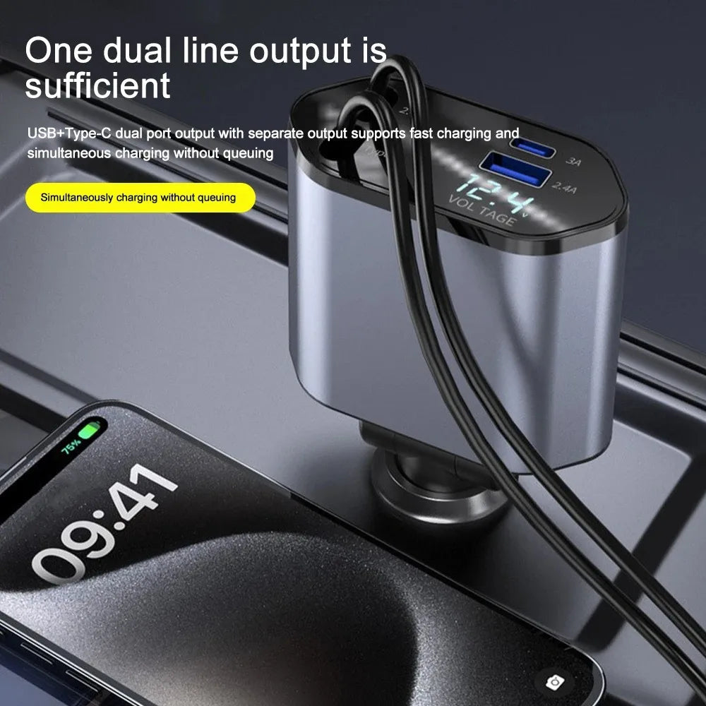 Chargeur de voiture 120 W avec câble rétractable USB et USB-C, adaptateur de charge rapide pour voiture