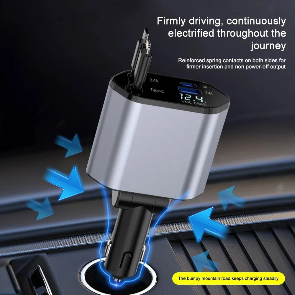 Chargeur de voiture 120 W avec câble rétractable USB et USB-C, adaptateur de charge rapide pour voiture