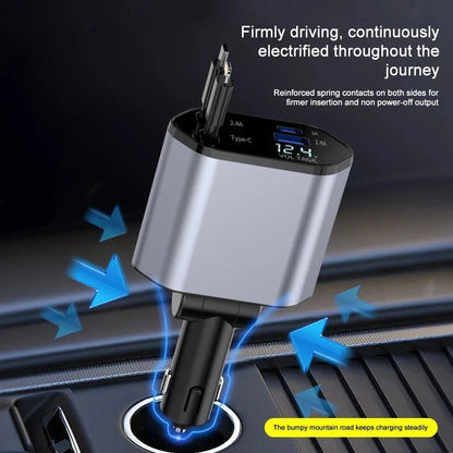 Chargeur de voiture 120 W avec câble rétractable USB et USB-C, adaptateur de charge rapide pour voiture