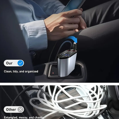 120W Car Charger Retractable Cable USB & USB-C Fast Charging Car Adapter