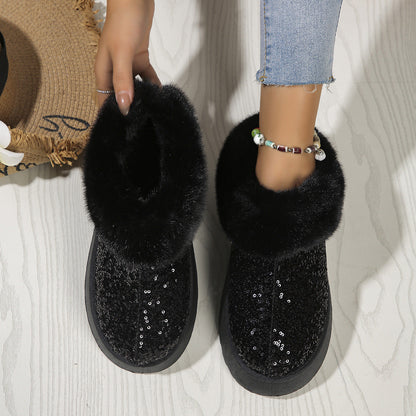 Zapatos de felpa con lentejuelas y suela gruesa a la moda, zapatillas cálidas informales de invierno para interior y exterior, zapatos de jardín para mujer