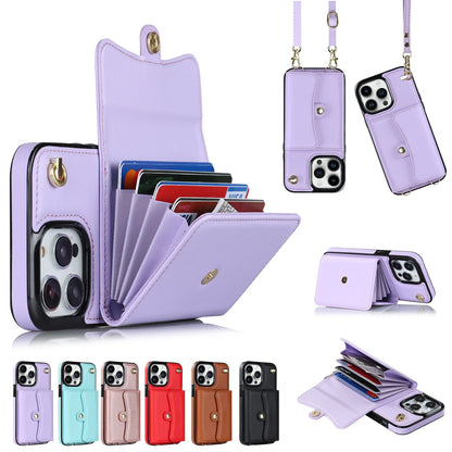 Crossbody Lanyard Card Holder iPhone Case – Lambskin Wallet Cover with Bracket | iPhone 7–15