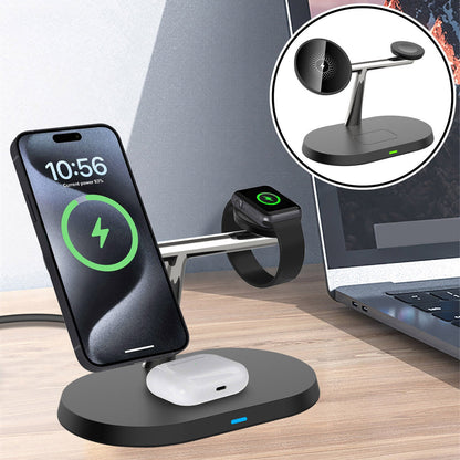 3-in-1 Magnetic Wireless Charger Stand for iPhone, Apple Watch & AirPods – 15W Fast Charging