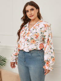 European And American Plus Size Women's Printed Ruffled Loose V-neck Shirt