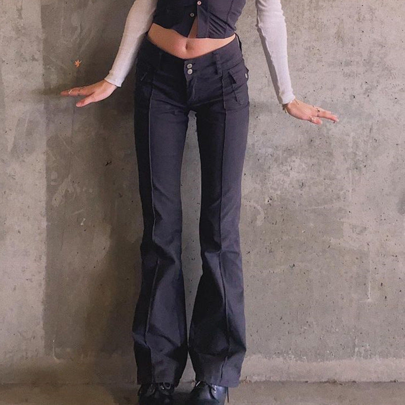 Women's New Sexy Low-waist Side Pockets Retro Slim-fit Micro Trousers Casual Trousers