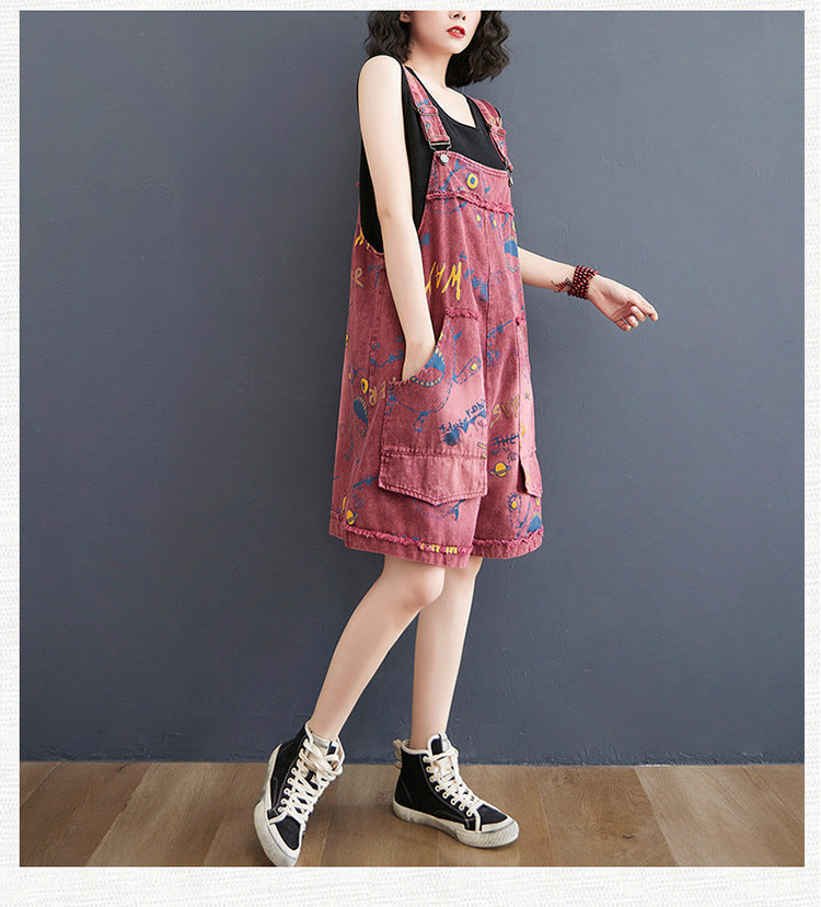 Short en jean ample à bretelles imprimé mode rétro pour femme