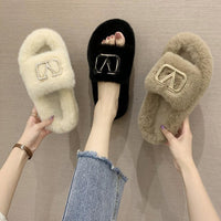 Leisure Plus Size Plush Slippers With Metal Decoration
