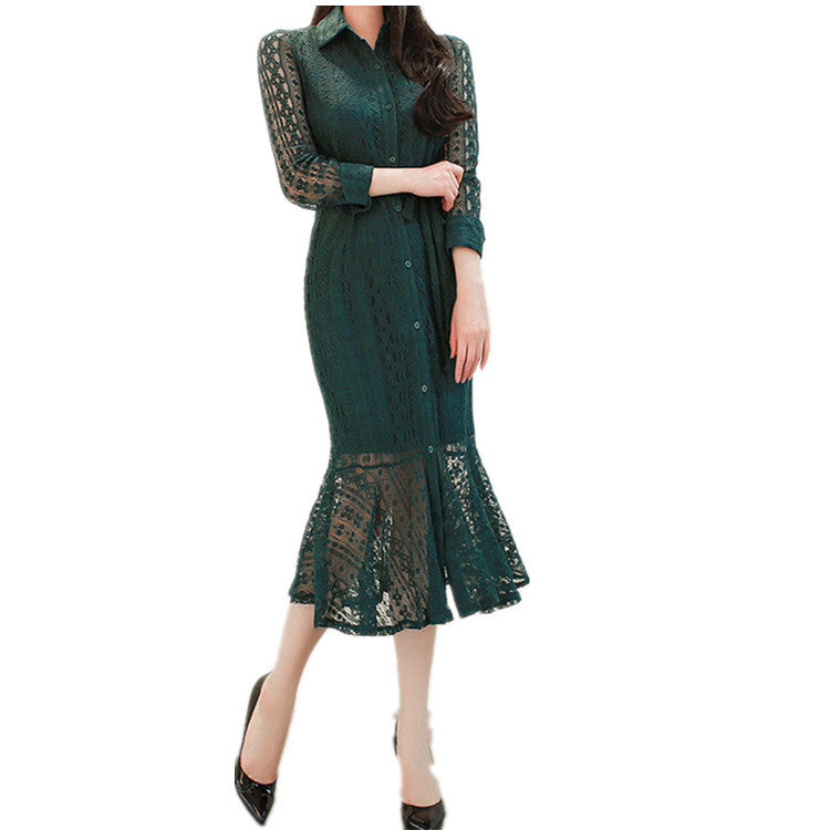 Nouvelle collection début d'automne : Robe de soirée en dentelle de couleur unie coupe chemise.